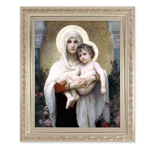 Bouguereau: Madonna and Child, 10"x12" Antique Silver & Carved Scrollwork Frame, Italian Print Under Glass # 26813