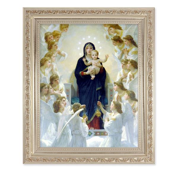 Bouguereau: Queen of Angels, 10"x12" Antique Silver & Carved Scrollwork Frame, Italian Print Under Glass # 26814