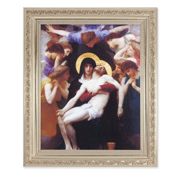 Bouguereau: Pieta, 10"x12" Antique Silver & Carved Scrollwork Frame, Italian Print Under Glass # 26815