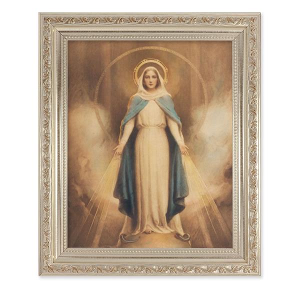 Chambers: Miraculous Mary, 10"x12" Antique Silver & Carved Scrollwork Frame, Italian Print Under Glass # 26816