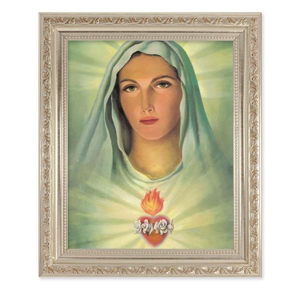 Immaculate Heart of Mary, 10"x12" Antique Silver & Carved Scrollwork Frame, Italian Print Under Glass # 26817