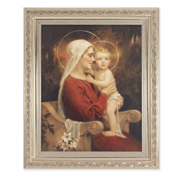 Chambers: Madonna and Child, 10"x12" Antique Silver & Carved Scrollwork Frame, Italian Print Under Glass # 26818
