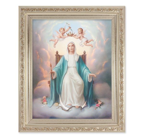 Queen of Heaven, 10"x12" Antique Silver & Carved Scrollwork Frame, Italian Print Under Glass # 26819