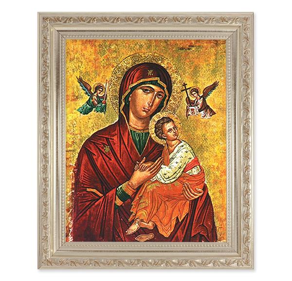 Our Lady of Passion, 10"x12" Antique Silver & Carved Scrollwork Frame, Italian Print Under Glass # 26820