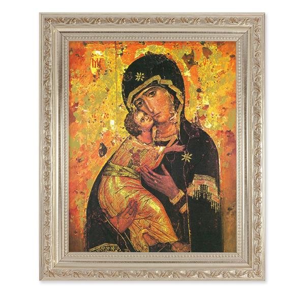 Our Lady of Vladimir, 10"x12" Antique Silver & Carved Scrollwork Frame, Italian Print Under Glass # 26821