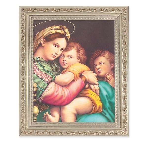 Raphael Madonna and Child, 10"x12" Antique Silver & Carved Scrollwork Frame, Italian Print Under Glass # 26823