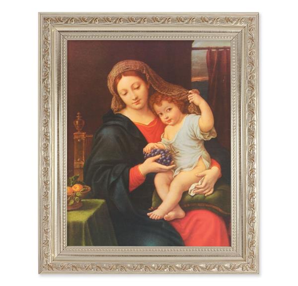 Mignard: Madonna of The Grapes, 10"x12" Antique Silver & Carved Scrollwork Frame, Italian Print Under Glass # 26825