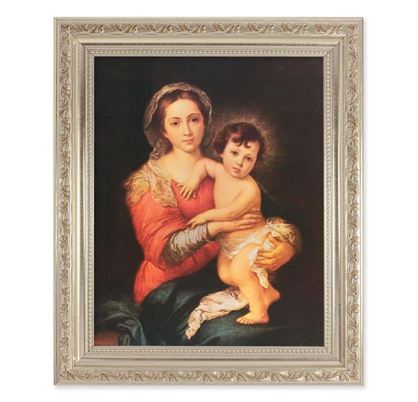 Murillo Madonna and Child, 10"x12" Antique Silver & Carved Scrollwork Frame, Italian Print Under Glass # 26826