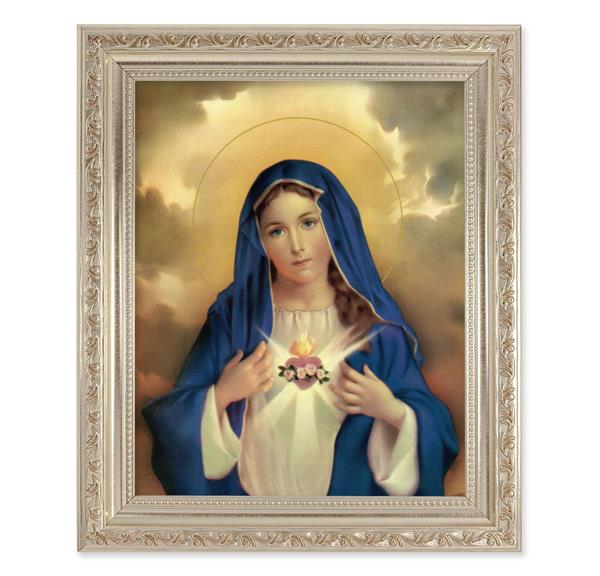 Immaculate Heart of Mary, 10"x12" Antique Silver & Carved Scrollwork Frame, Italian Print Under Glass # 26827