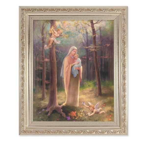 Madonna of The Woods, 10"x12" Antique Silver & Carved Scrollwork Frame, Italian Print Under Glass # 26829