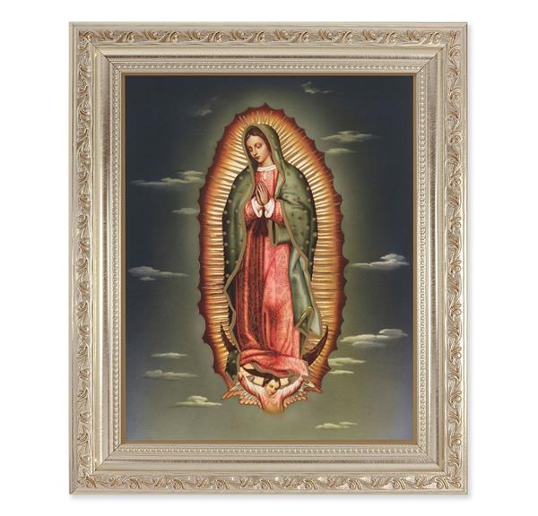 Our Lady of Guadalupe, 10"x12" Antique Silver & Carved Scrollwork Frame, Italian Print Under Glass # 26831