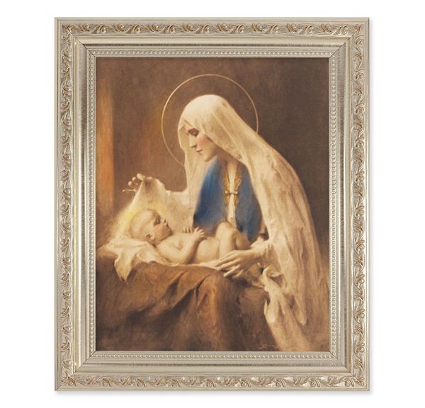 Chambers Madonna and Child, 10"x12" Antique Silver & Carved Scrollwork Frame, Italian Print Under Glass # 26832