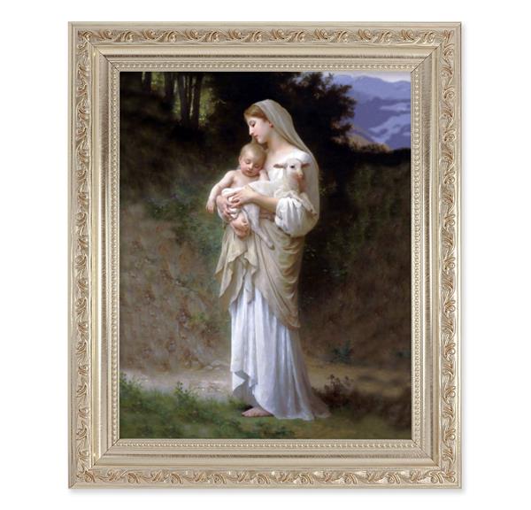 Bouguereau Divine Innocence, 10"x12" Antique Silver & Carved Scrollwork Frame, Italian Print Under Glass # 26833