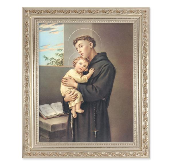 St. Anthony of Padua, 10"x12" Antique Silver & Carved Scrollwork Frame, Italian Print Under Glass # 26834