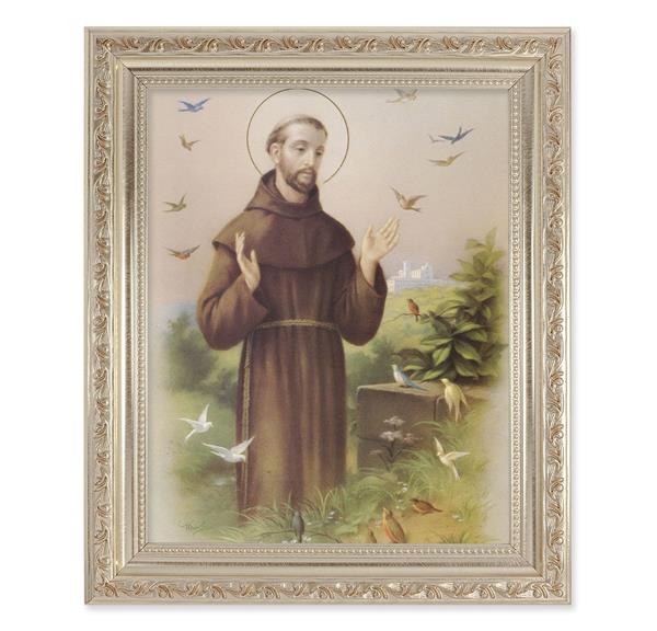 St. Francis of Assisi, 10"x12" Antique Silver & Carved Scrollwork Frame, Italian Print Under Glass # 26835