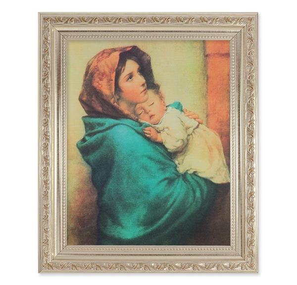 Madonna of The Streets, 10"x12" Antique Silver & Carved Scrollwork Frame, Italian Print Under Glass # 26837