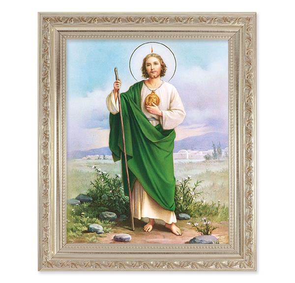 St. Jude, 10"x12" Antique Silver & Carved Scrollwork Frame, Italian Print Under Glass # 26838