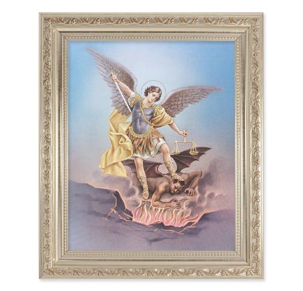 St. Michael, 10"x12" Antique Silver & Carved Scrollwork Frame, Italian Print Under Glass # 26839