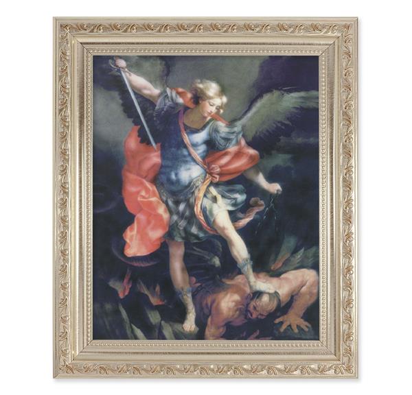 St. Michael, 10"x12" Antique Silver & Carved Scrollwork Frame, Italian Print Under Glass # 26840