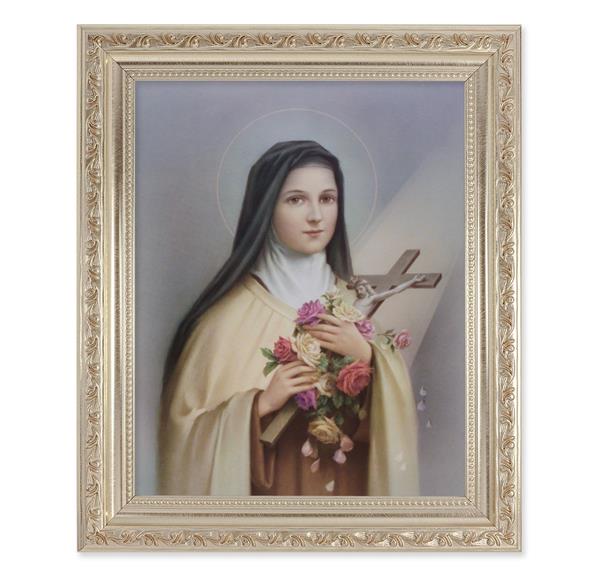 St. Therese of Lisieux, 10"x12" Antique Silver & Carved Scrollwork Frame, Italian Print Under Glass # 26841