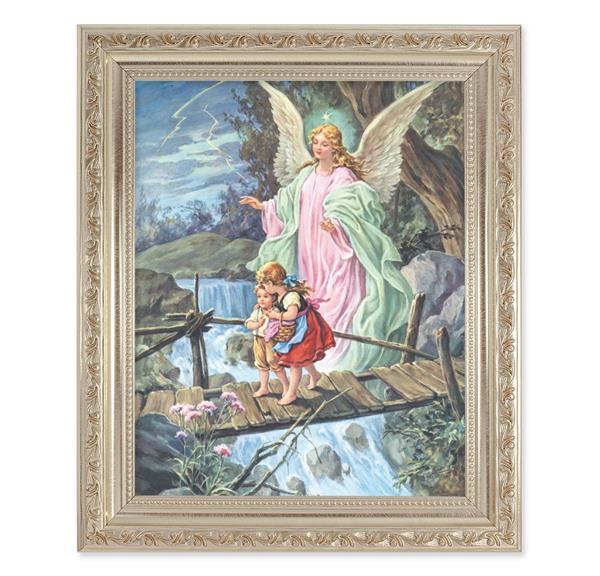 Guardian Angel with Children, 10"x12" Antique Silver & Carved Scrollwork Frame, Italian Print Under Glass # 26842