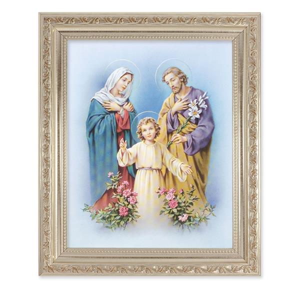 Holy Family, 10"x12" Antique Silver & Carved Scrollwork Frame, Italian Print Under Glass # 26843