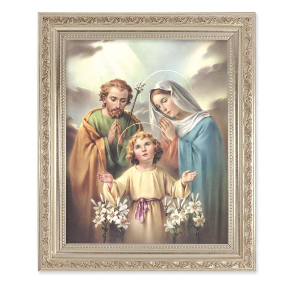 Holy Family, 10"x12" Antique Silver & Carved Scrollwork Frame, Italian Print Under Glass # 26844