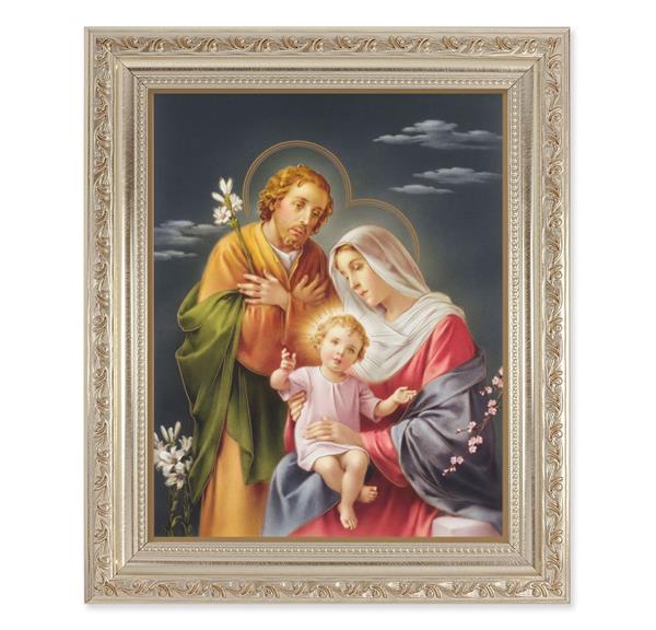 Holy Family, 10"x12" Antique Silver & Carved Scrollwork Frame, Italian Print Under Glass # 26845
