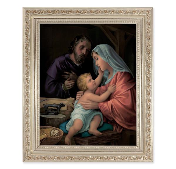 Holy Family, 10"x12" Antique Silver & Carved Scrollwork Frame, Italian Print Under Glass # 26846