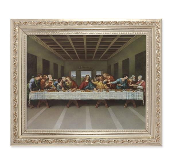 Last Supper, 10"x12" Antique Silver & Carved Scrollwork Frame, Italian Print Under Glass # 26847