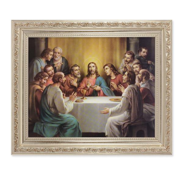 Bonella: Last Supper, 10"x12" Antique Silver & Carved Scrollwork Frame, Italian Print Under Glass # 26848