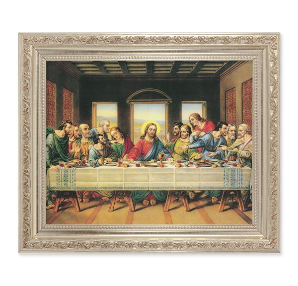 Last Supper, 10"x12" Antique Silver & Carved Scrollwork Frame, Italian Print Under Glass # 26849