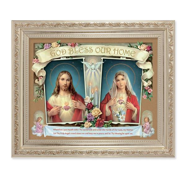 God Bless Our Home, 10"x12" Antique Silver & Carved Scrollwork Frame, Italian Print Under Glass # 26850