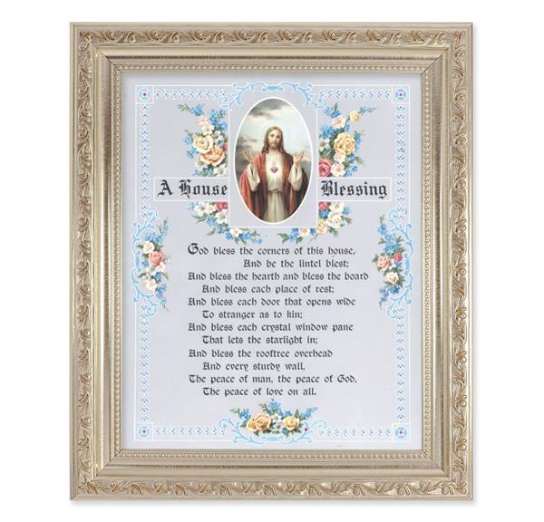 A House Blessing, 10"x12" Antique Silver & Carved Scrollwork Frame, Italian Print Under Glass # 26851