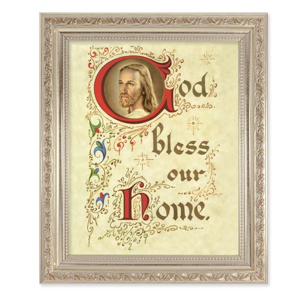 God Bless Our Home, 10"x12" Antique Silver & Carved Scrollwork Frame, Italian Print Under Glass # 26852