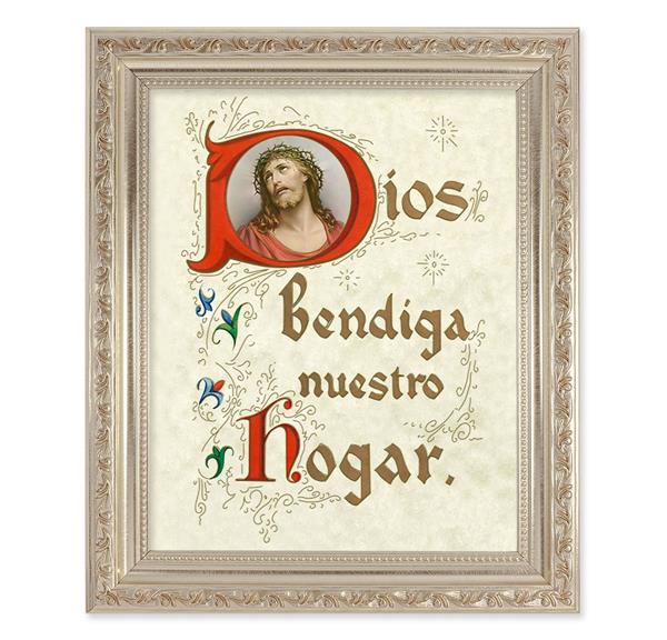 Spanish God Bless Our Home, 10"x12" Antique Silver & Carved Scrollwork Frame, Italian Print Under Glass # 26853