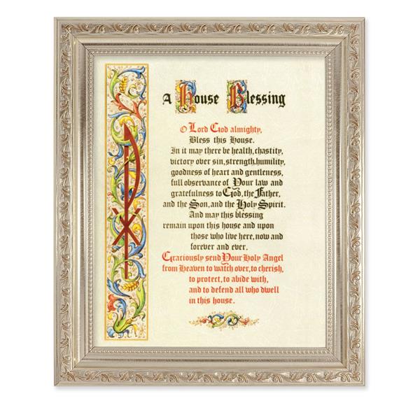 A House Blessing, 10"x12" Antique Silver & Carved Scrollwork Frame, Italian Print Under Glass # 26854