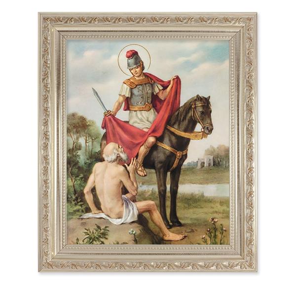 St. Martin of Tours, 10"x12" Antique Silver & Carved Scrollwork Frame, Italian Print Under Glass # 26856