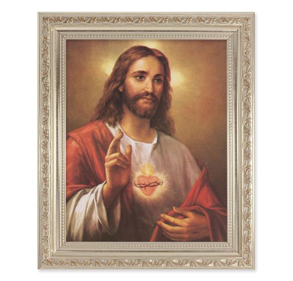 La Fuente: Sacred Heart of Jesus, 10"x12" Antique Silver & Carved Scrollwork Frame, Italian Print Under Glass # 26857