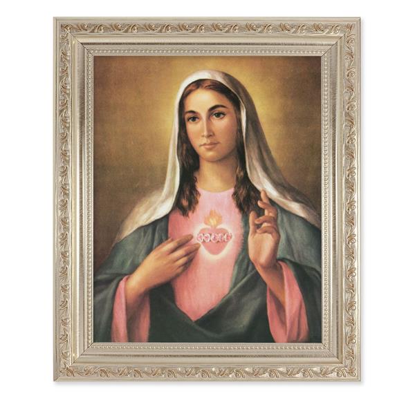 La Fuente: Immaculate Heart of Mary, 10"x12" Antique Silver & Carved Scrollwork Frame, Italian Print Under Glass # 26858