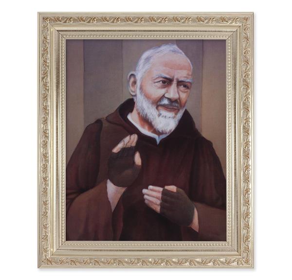 St. Padre Pio, 10"x12" Antique Silver & Carved Scrollwork Frame, Italian Print Under Glass # 26859