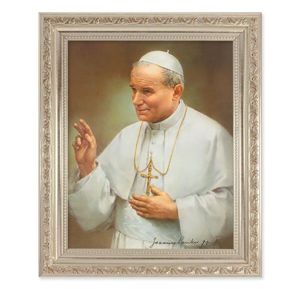 St. John Paul II, 10"x12" Antique Silver & Carved Scrollwork Frame, Italian Print Under Glass # 26860