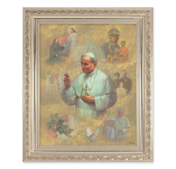 St. John Paul II Collage, 10"x12" Antique Silver & Carved Scrollwork Frame, Italian Print Under Glass # 26861
