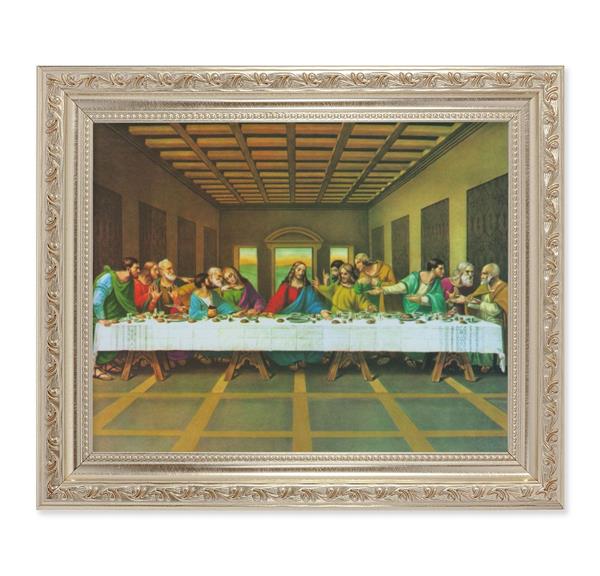 Last Supper, 10"x12" Antique Silver & Carved Scrollwork Frame, Italian Print Under Glass # 26863