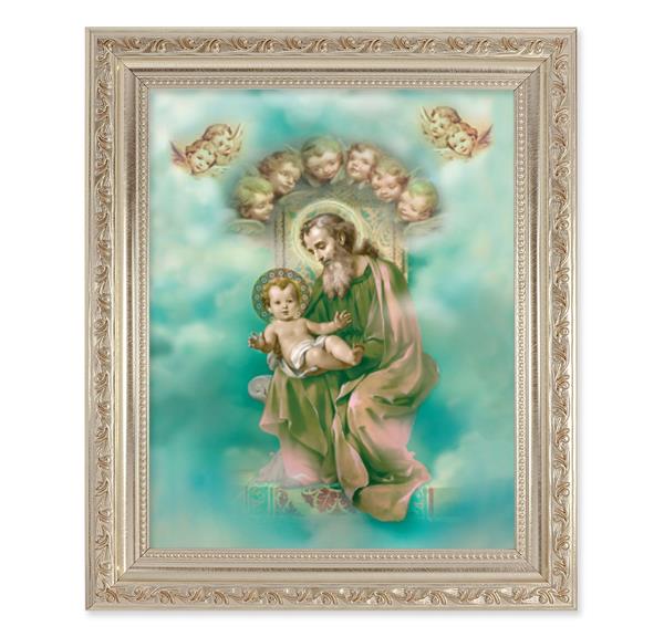 St. Joseph and Child Enthroned, 10"x12" Antique Silver & Carved Scrollwork Frame, Italian Print Under Glass # 26865