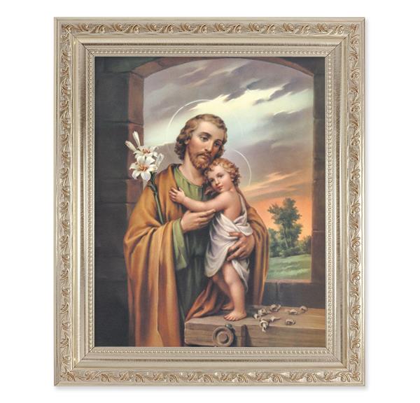 St. Joseph & Child, 10"x12" Antique Silver & Carved Scrollwork Frame, Italian Print Under Glass # 26866