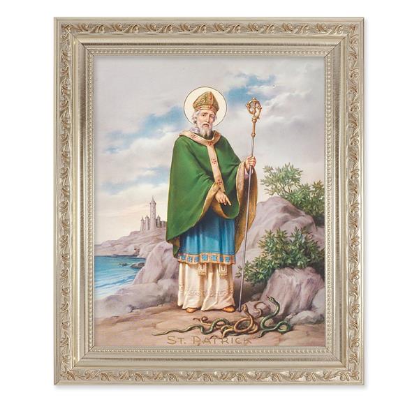St. Patrick, 10"x12" Antique Silver & Carved Scrollwork Frame, Italian Print Under Glass # 26867