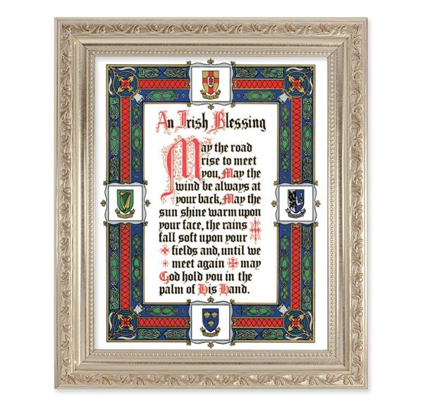an Irish Blessing, 10"x12" Antique Silver & Carved Scrollwork Frame, Italian Print Under Glass # 26868