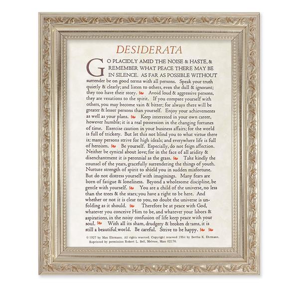 Desiderata Go Placidly Prayer, 10"x12" Antique Silver & Carved Scrollwork Frame, Italian Print Under Glass # 26869