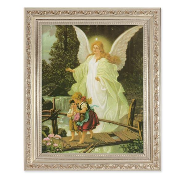 Guadian Angel with Children, 10"x12" Antique Silver & Carved Scrollwork Frame, Italian Print Under Glass # 26870